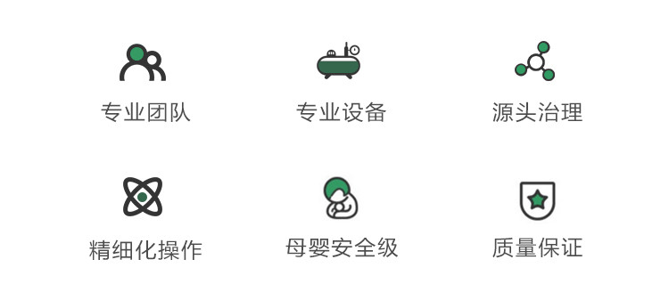 專業(yè)團(tuán)隊(duì)，專業(yè)設(shè)備，源頭治理，精細(xì)化操作，母嬰安全級(jí)，質(zhì)量保障